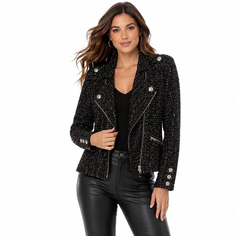 Zara Woman Tweed Moto Jacket Black Boucle Sequin Zip Military M